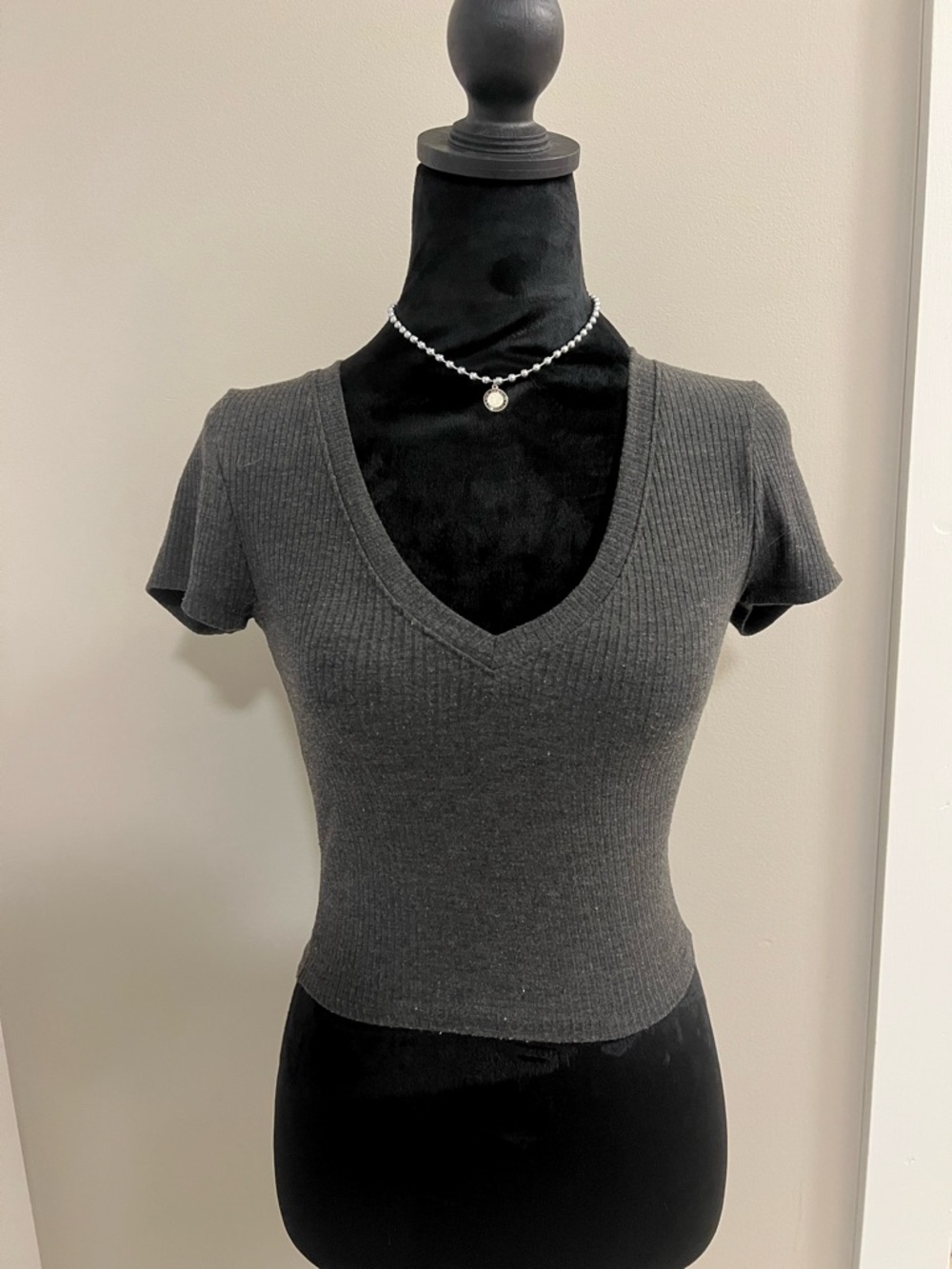 Essentials Charcoal Ribbed V-Neck Crop Top